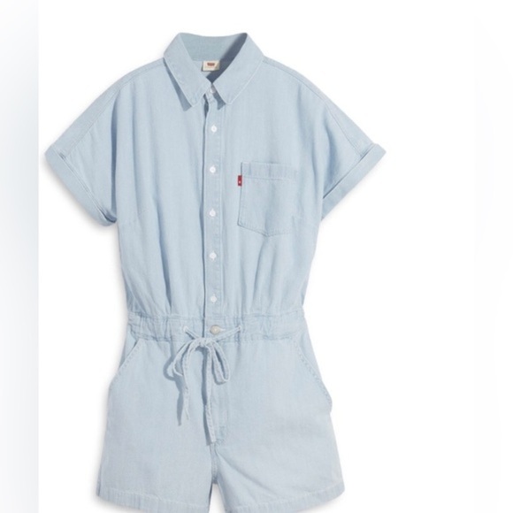 LEVI'S Chambray blue soft denim‎ Cotton drawstring cuffed hem Romper size large - Picture 1 of 4